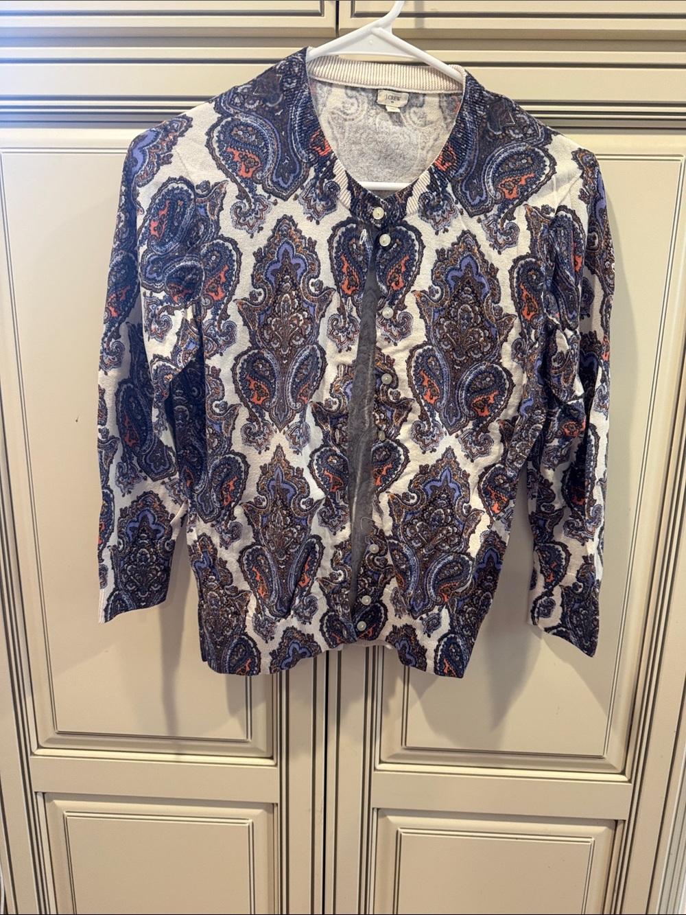 J. Crew Paisley Button-Front Cardigan sweater in Blue, White & Brown